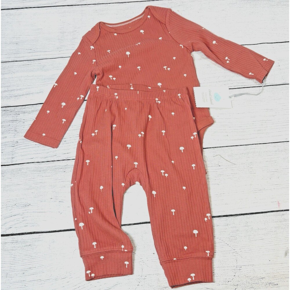 Cloud Island 2 Pc Ribbed Bodysuit and Pants Baby Sz 12 Mo Mushroom Pattern NWT